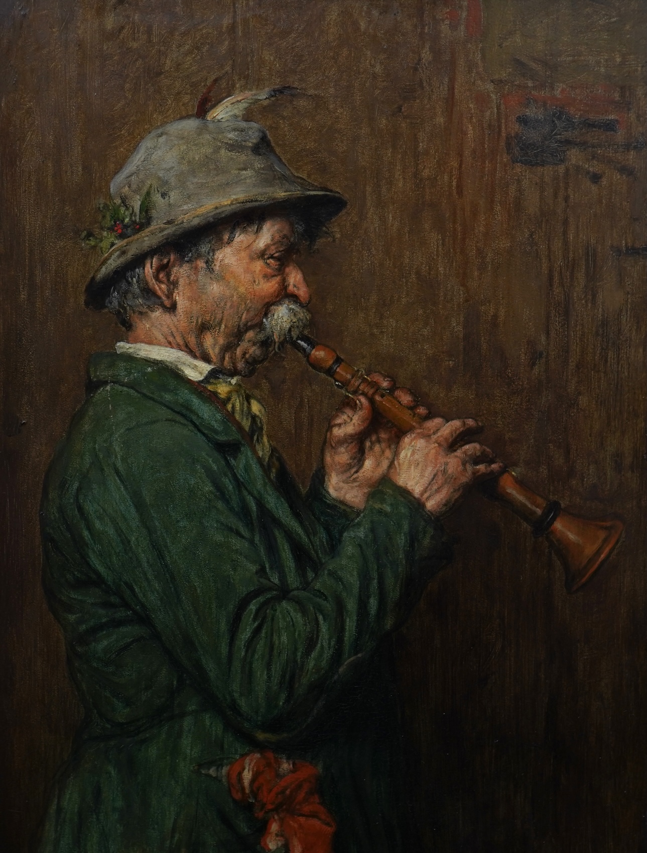 German / Austrian School, 19th century, An elderly musician playing a folk instrument, possibly a piffero